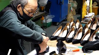 Процесс изготовления высоких каблуков. Фабрика массового производства обуви в Корее.