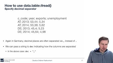 Data Science with R: Importing data - Common optional args for fread: sep and dec (4/8)