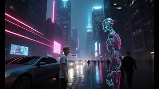 POV  You wake up in 2050  A realistic futuristic city at night with neon lights, flying cars, robots