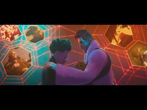 Кадр: Мигель объясняет Майлзу «канонические события» — «Человек-паук: Паутина вселенных»