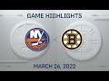 NHL Highlights | Islanders vs. Bruins - Mar 26, 2022