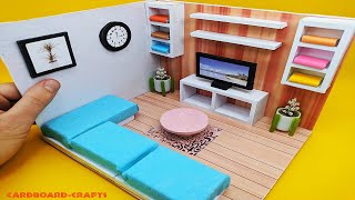 DIY Miniature Cardboard House #4 :living room اصنع منزل مصغر بالكرتون:غرفة معيشة / craft اشغال يدوية