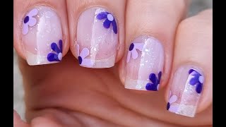 One Minute Nail Art | Purple Flower NAIL Design Over Natural Short NAILS