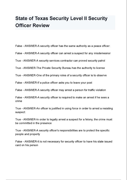 State of Texas Security Level II Security Officer Review Questions and