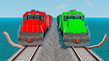 Double Colorful Trains Vs Cringe Impossible Weird Rails Tracks Crossing Deepwater | BeamNG.drive