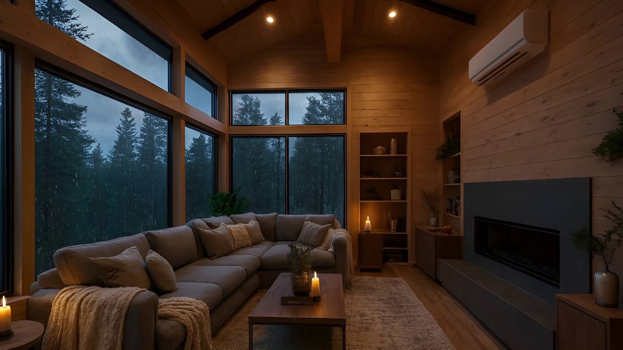 RELAXING: 8 Hours of Rain, Thunder, & AC Hum Soundscape | Modern Cabin View with Forest Storm