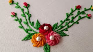 Hand embroidery design for dress, easy bullion knot flower design pattern