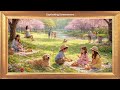 Cherry Blossom Family Picnic | 4K Gold Frame Spring Art | TV Screensaver | No Sound