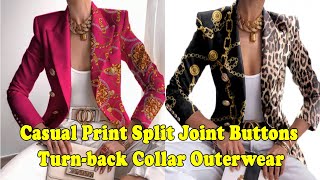 Casual Print Split Joint Buttons Turn back Collar Outerwear