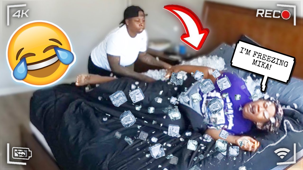 DUMPING 100 POUNDS OF ICE ON MY WIFE TO SEE HER REACTION! *Bad Idea