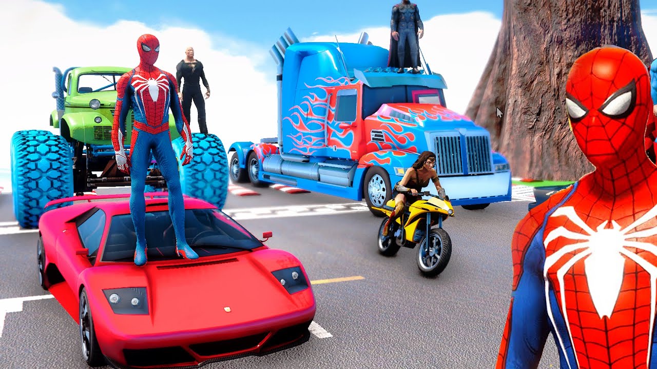 SPIDERMAN CARS MARIO Ramp JUMP Challenge ! BLACK ADAM SUPERMAN IronMan  Trevor Stunt - GTA V - YouTube