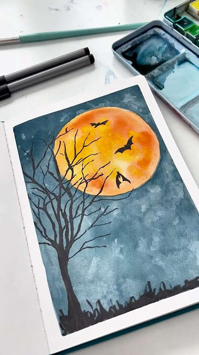 Full moon and spooky tree in watercolor