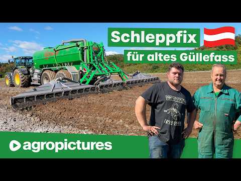 Spreading liquid manure in Austria: Schleppfix manure spreader for an old manure tank at the Scho...