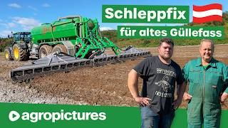 Gülle fahren in Österreich: Schleppfix Gülleverteiler für altes Güllefass im Lohnunternehmen Schorn