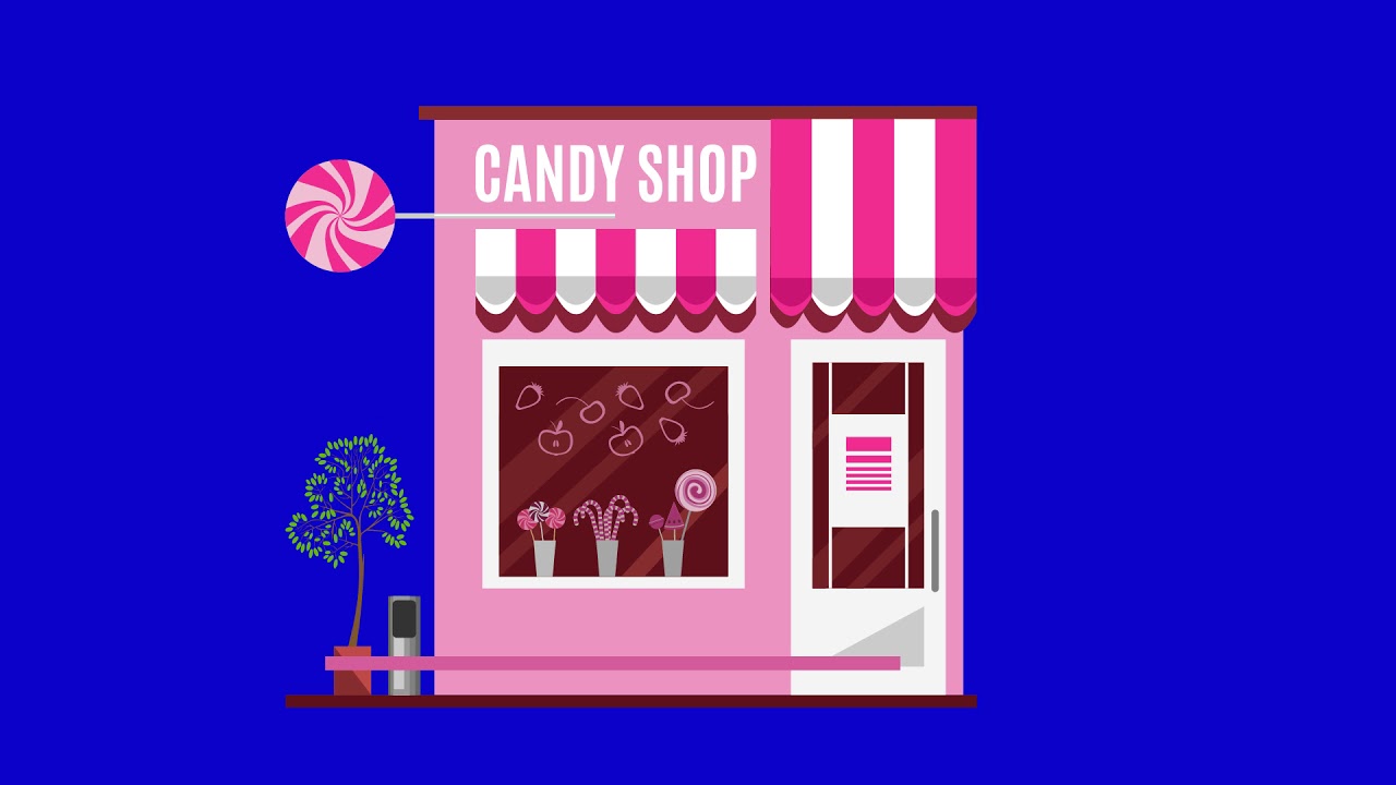 Green Screen-Candy Shop. Download free drawing. Animation of the building on a blue background.