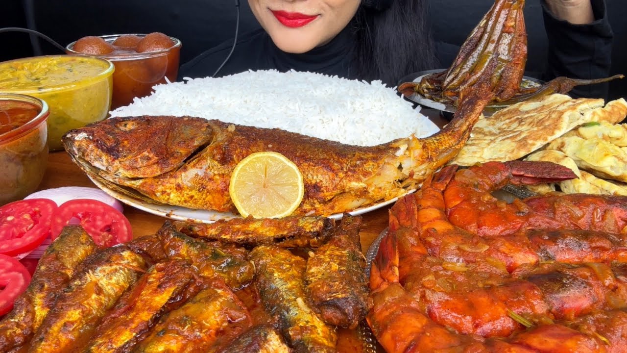 ASMR SPICY FISH CURRY,FISH FRY,BAINGAN FRY,PRAWNS CURRY,SALAD,DAL,OMLETTE