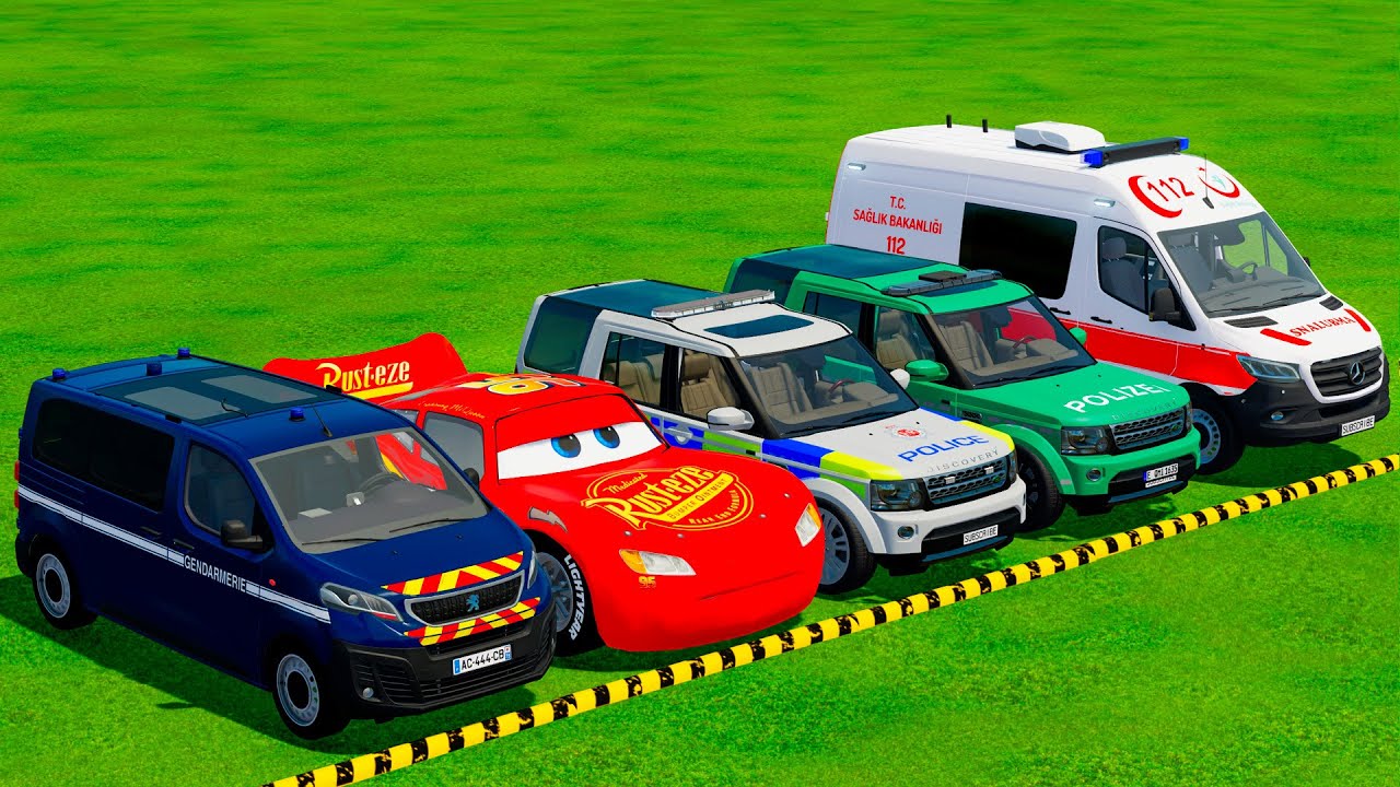 PEUGEOT, MCQUEEN CAR, LAND ROVER POLICE CARS, AMBULANCE EMERGENCY TRANSPORTING WITH TRUCKS ! FS22