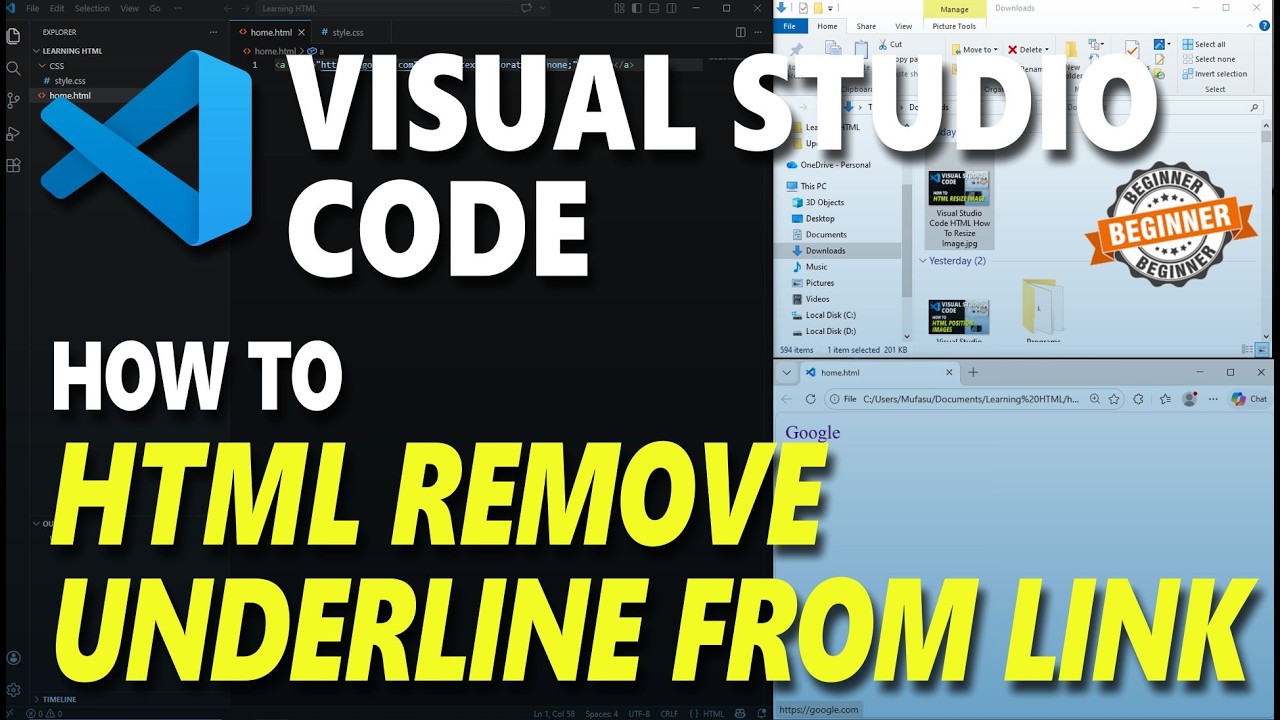 Visual Studio Code HTML How To Remove Underline From Link - YouTube
