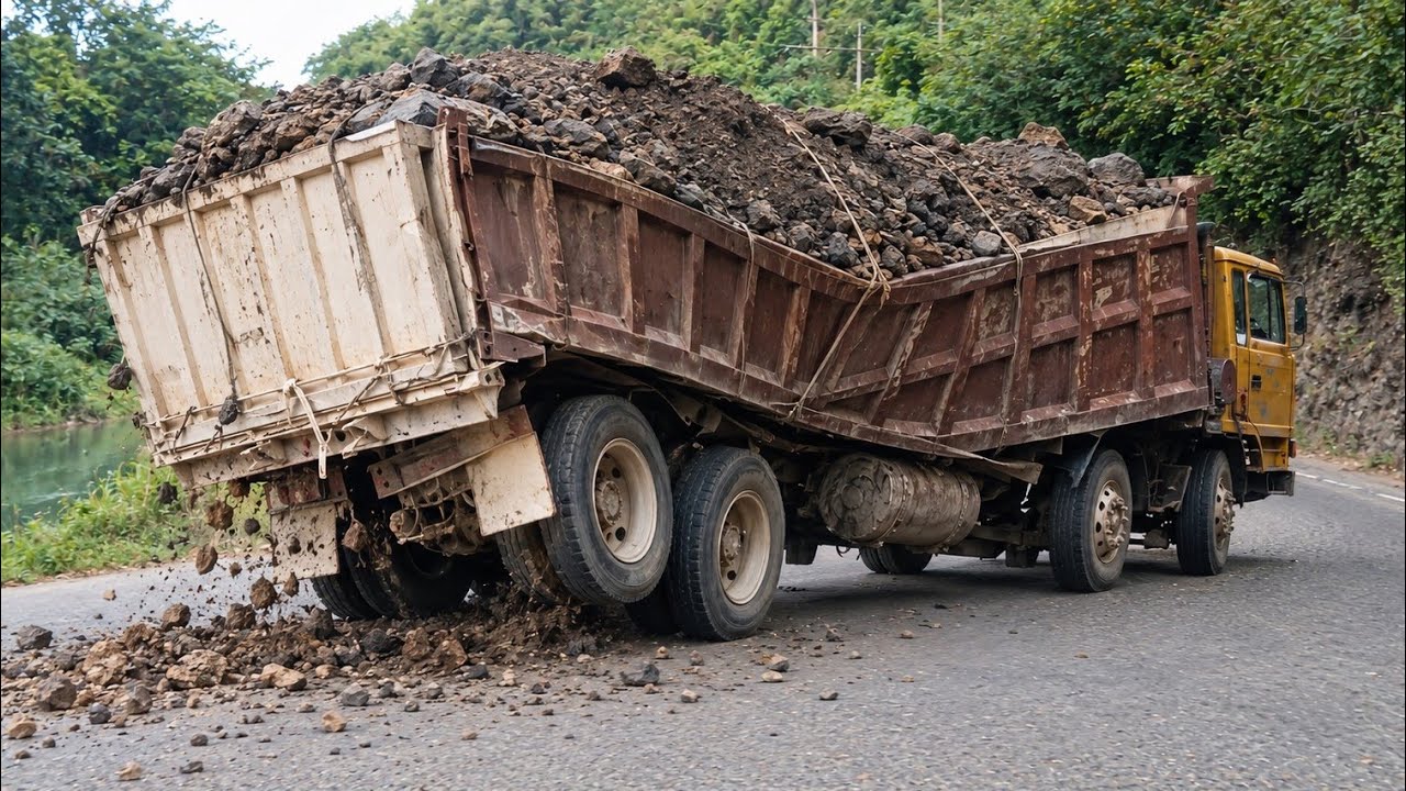 Loaded trucks VS the dangerous flat bridge 🌉 