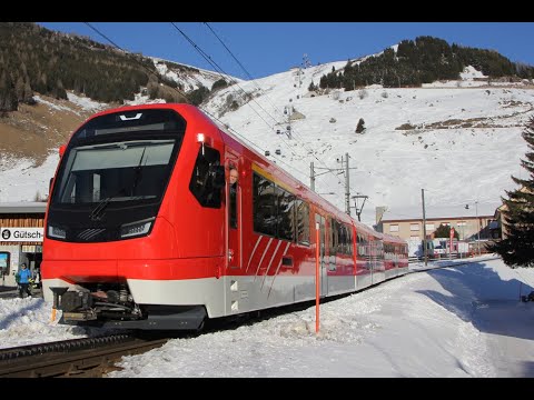 Matterhorn Gotthard Bahn MGB - Stadler "Orion" Triebzug auf Testfahrt in Andermatt Februar 2023