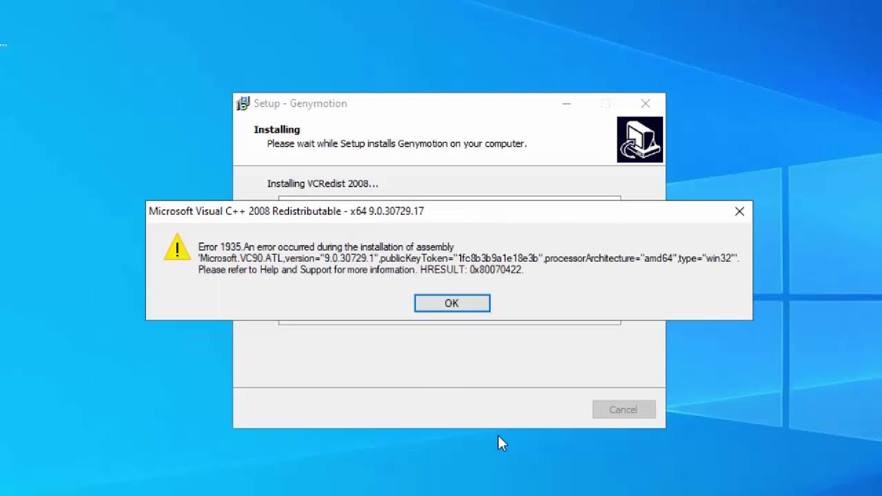 An error occurred during a connection. Error 1935. Windows 10 ошибка c++. 0x80070422. Error 1935 an Error occured during the installation.