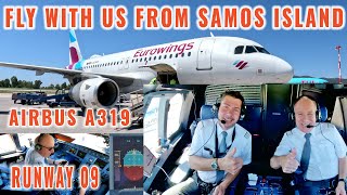 SAMOS  (SMI) | Stunning visual departure over the island from rwy 09 | Airbus 319 cockpit + pilots