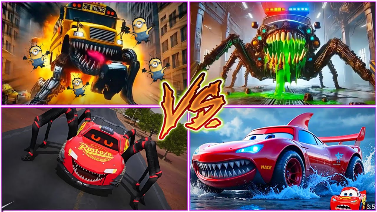 School Bus Monster🆚Police car Eater🆚MCqueen Spider🆚MCqueen shark 🎶 Tiles hop EDM Rush 🎶