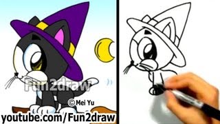 How To Draw A Cat - Cute Kitty - Halloween Witch Cat - Fun2Draw Easy Online Drawing Tutorials