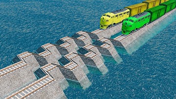 Colorful Train Vs Broken wave Rail Track Crossing Deepwater in BeamNG.drive