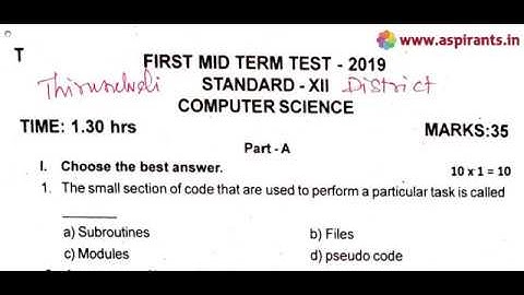 12th Computer Science First Mid Term Question Paper 2019-20 | Tirunelveli District | English Medium