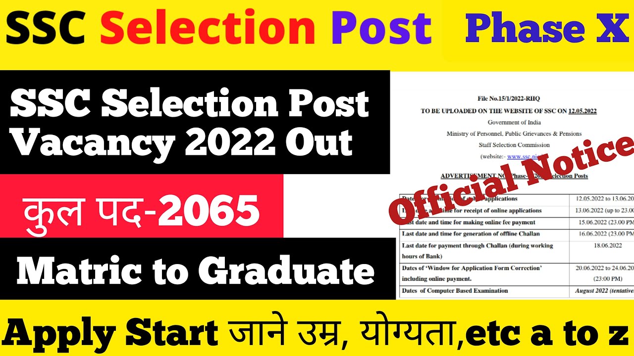 SSC Selection post phase 10, Selection Post exam, SSC Phase X vacancy, SSC Recruitment 2022, SSC CGL