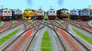 EIGHT RAILS PASSING FROM CURVED BRANCHED RAILROAD TRACKS BUMPY RAILROAD TRACK || train simulator