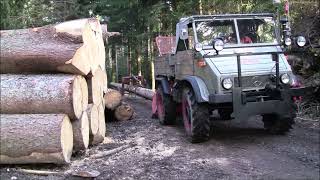 Mercedes-Benz UNIMOG in der Forstwirtschaft: Unimog U 411 mit FARMI-Winde beim Holzrücken