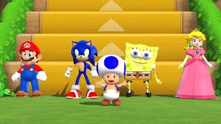 Mario Party 9 Step It Up - Mario vs Sonic vs Spongebob vs Peach (Master CPU)