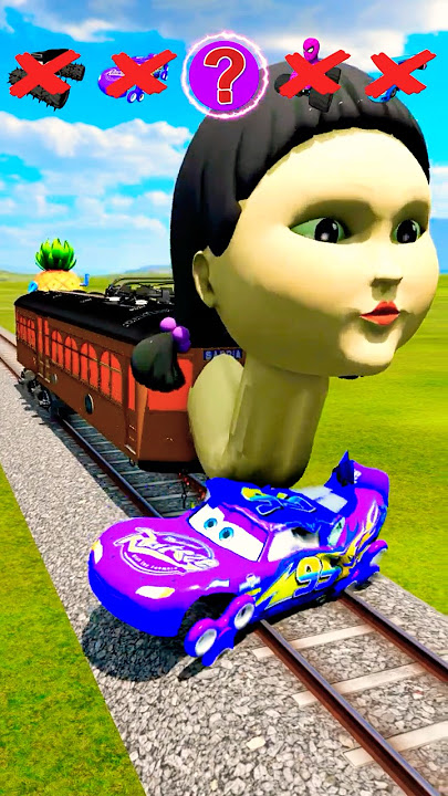 😱Big and Small McQueen Cars & Superheroes 🆚 Angry Squid Game Doll Train😱: BeamNG.drive