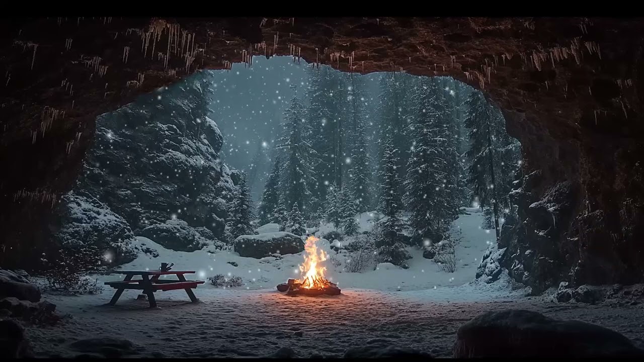 Winter Cave Ambience | Sounds of Blizzard and a Crackling Fireplace for Relaxation and Fall Asleep