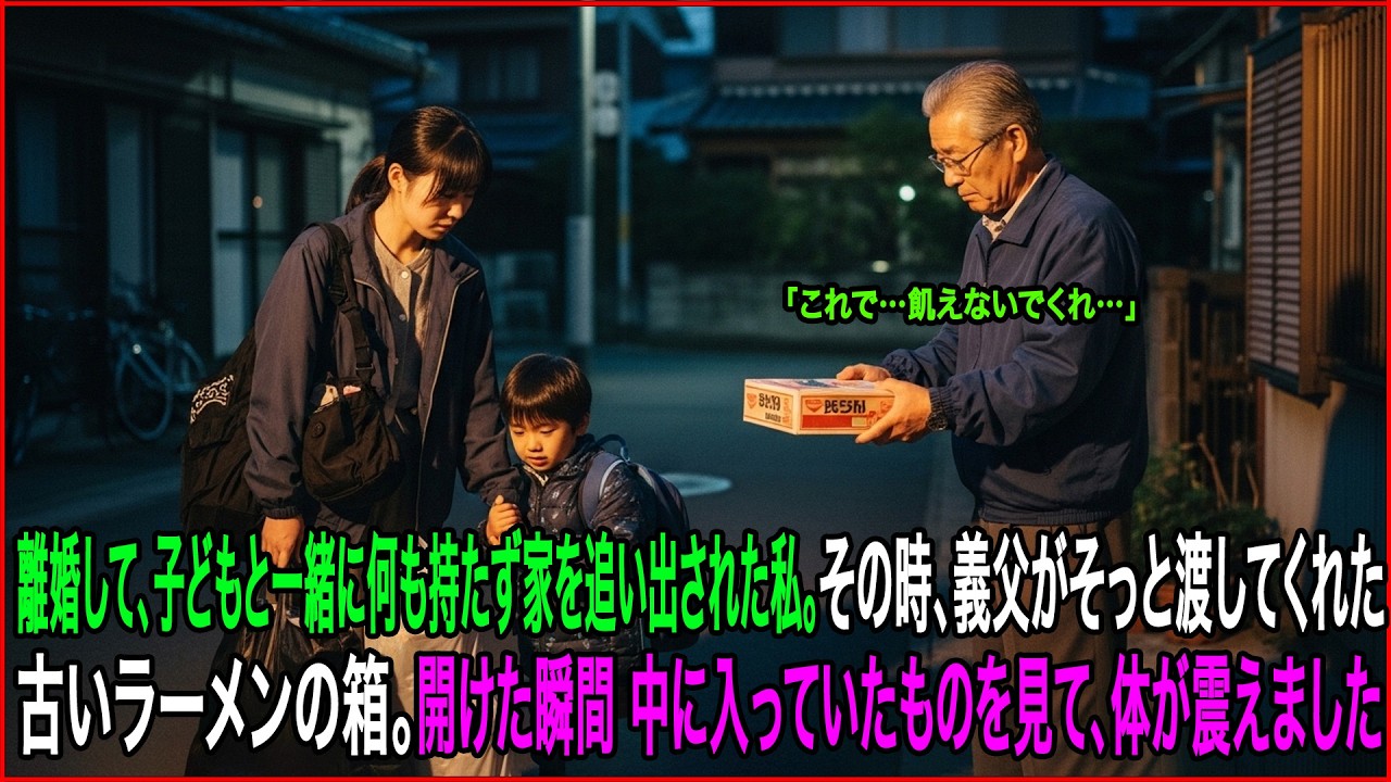 離婚後、子どもと何も持たずに家を追い出された私。義父から渡された古いラーメンの箱を開けた瞬間、その中身に思わず震えました