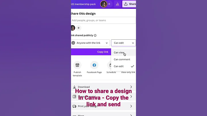 Here’s a short video on how to share a design in Canva, click share, select your option & copy link