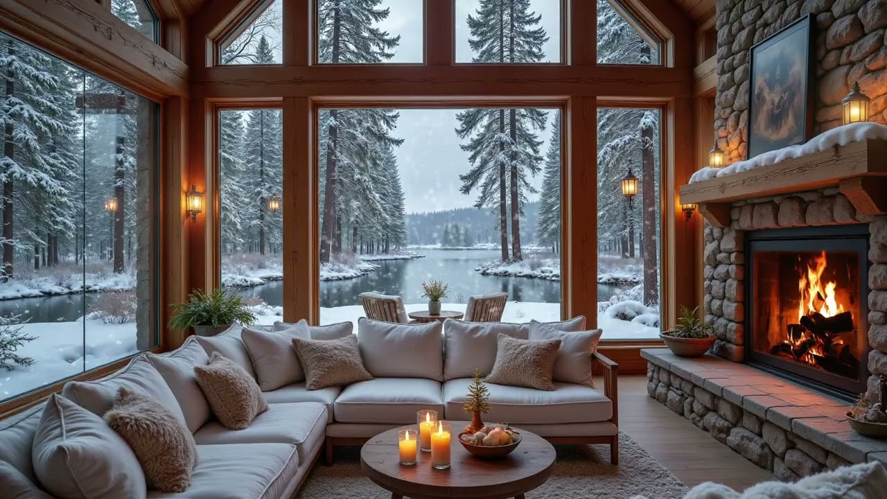 🎹💛Cozy White Lounge Piano | Fire Crackling & Snow Drifting | Deep Relaxation Meditation Focus Study