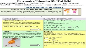 Mathematics Worksheet 9 Class 8 (16/8/21) English Medium | Worksheet 9 Maths Class 8 | Answers |