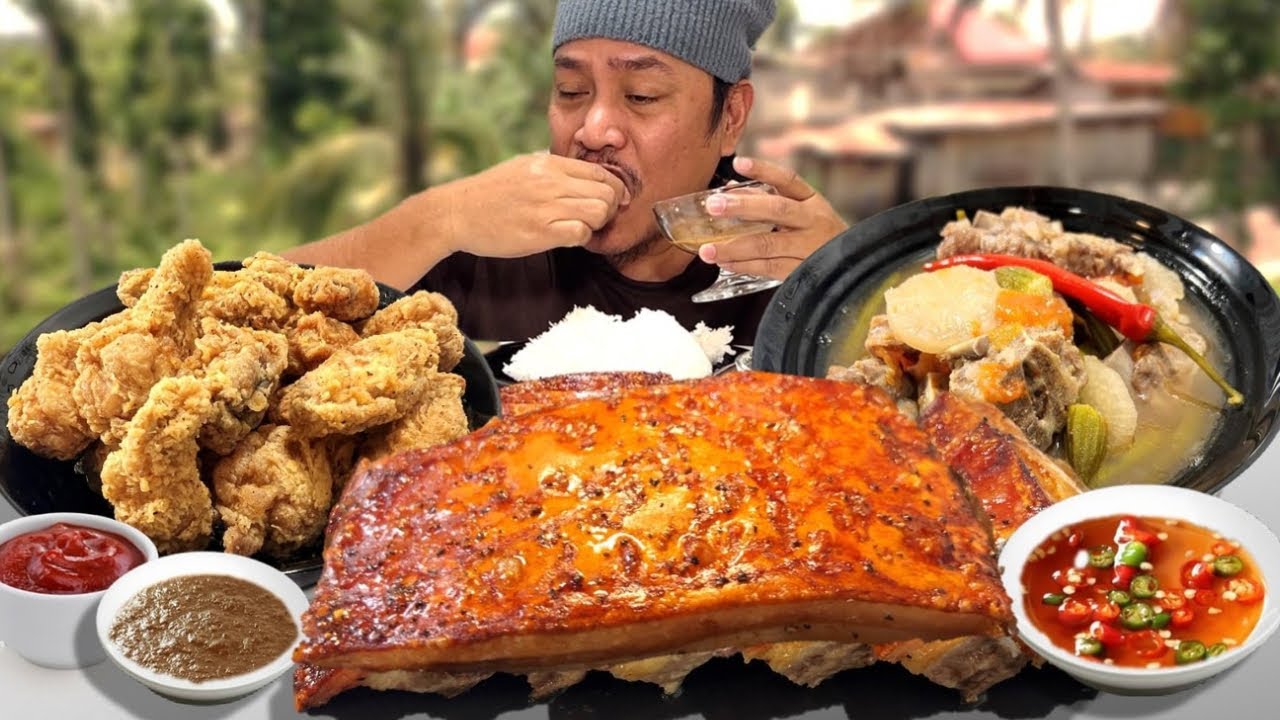 MUKBANG & RECIPE! CRISPY PORK BELLY CHINESE STYLE! FRIED CHICKEN WINGS, PORK SINIGANG. Filipino Food