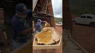 Epoxy Resin Table! 🪵✨ Watch raw wood turn into a luxury golden table! #DIY #Resin #Shorts