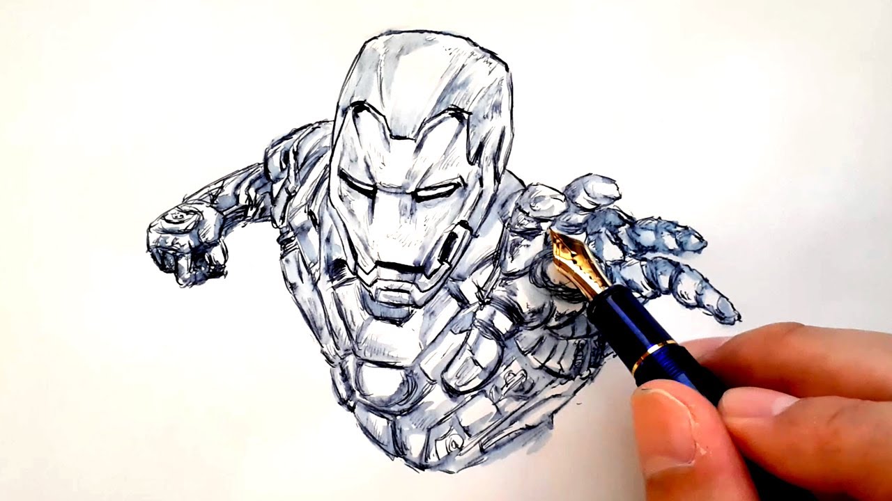 イラスト 映画 アベンジャーズ の アイアンマン を万年筆と水筆ペンで描いてみた Drawing Iron Man With Fountain Pen And Water Brush Pen Youtube