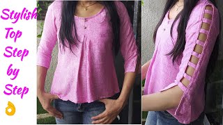 Top Cutting and Stitching with Designer sleeves | Designer Tunic top Cutting and Stitching