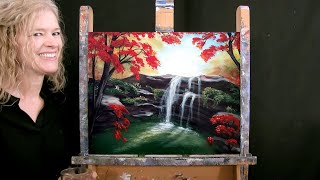 Learn How to Draw & Paint WATERFALL IN FALL - Paint and Sip at Home - Easy Landscape Acrylic Lesson