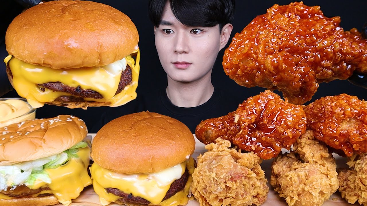 치즈버거 불고기버거 양념 치킨 먹방ASMR MUKBANG DOUBLE CHEESEBURGERS & FRIED CHICKEN チキン チーズバーガー eating sounds