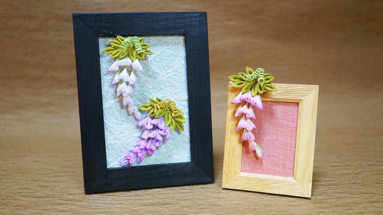 つまみ細工 風に揺れる藤の花のブローチ フレームにアレンジしても可愛い お部屋飾りにも 作り方 Kanzashi Flower Vol 51 Youtube