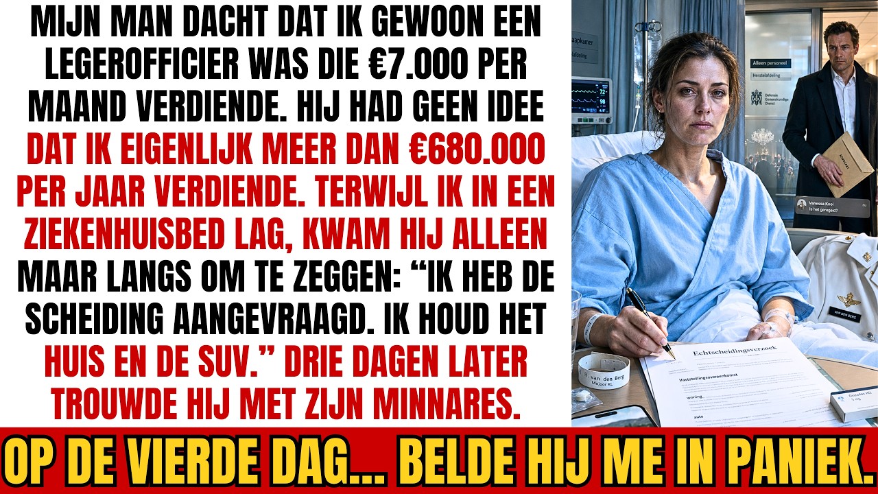 Ik lag nog geen drie uur wakker uit de narcose toen mijn man mijn ziekenhuiskamer binnenliep. Geen bloemen, geen vraag of de operatie goed was gegaan. Alleen een bruine map met scheidingspapieren....