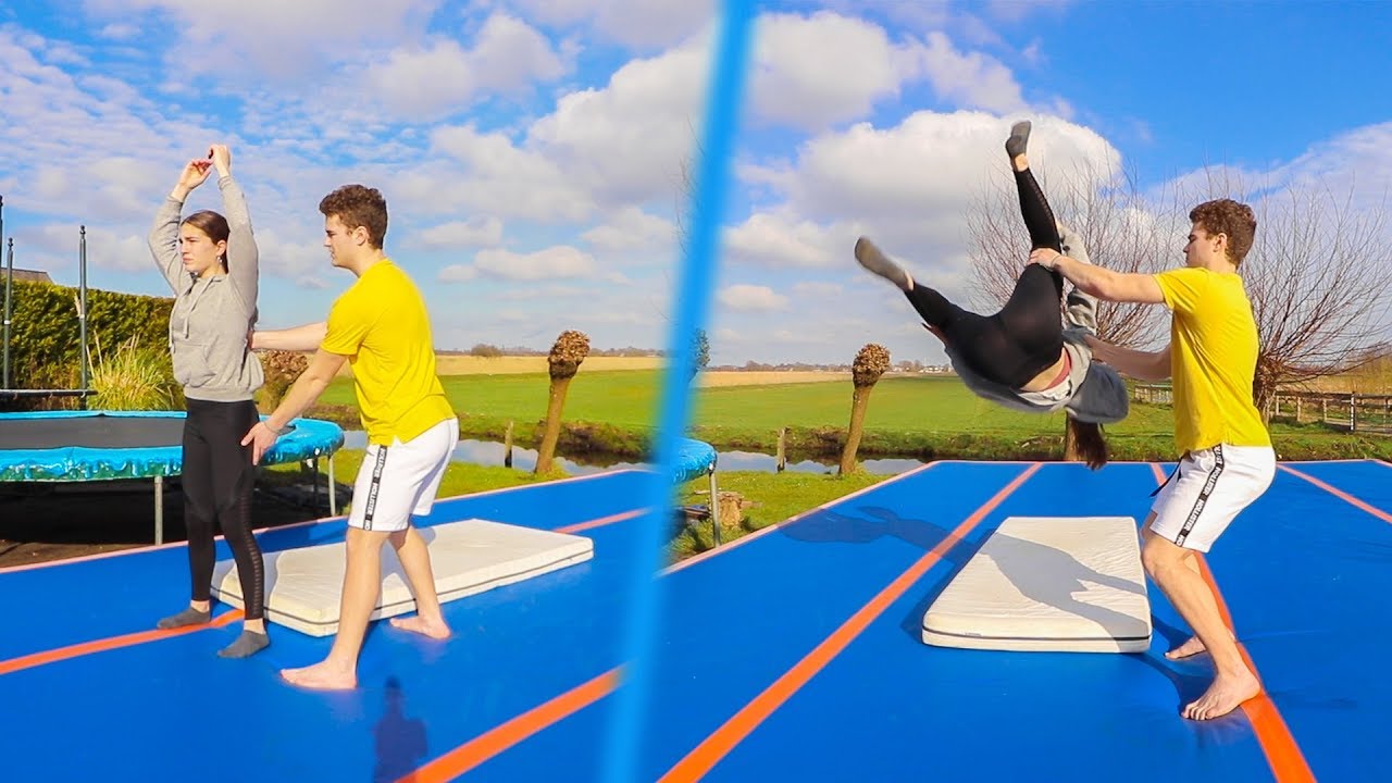 TEACHING MY SISTER HOW TO BACKFLIP ON AIRTRACK!