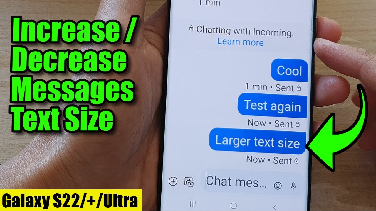 Có khi nào bạn cảm thấy khó khăn khi đọc tin nhắn trong điện thoại? Với Galaxy S22 Ultra, bạn có thể tăng kích thước chữ trong tin nhắn. Hãy xem hình ảnh để khám phá tính năng này!